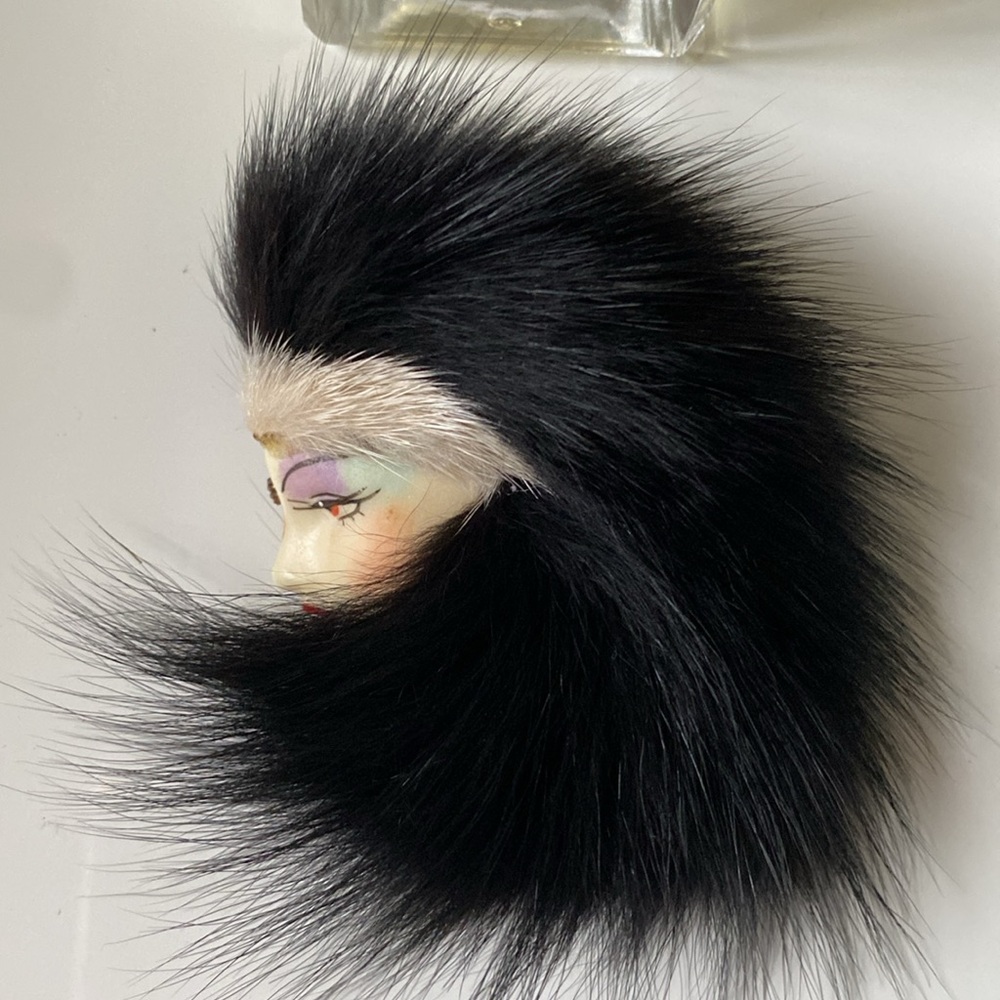 Vintage Art Deco Black Mink Brooch With a Silhouette of a Lady Face
